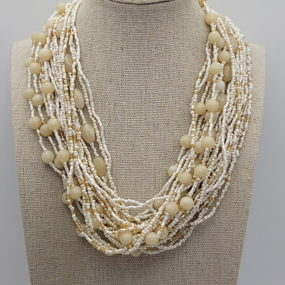 Vintage Beige Faux Pearl 24-Strand Seed Bead Necklace 20 in Lobster Clasp